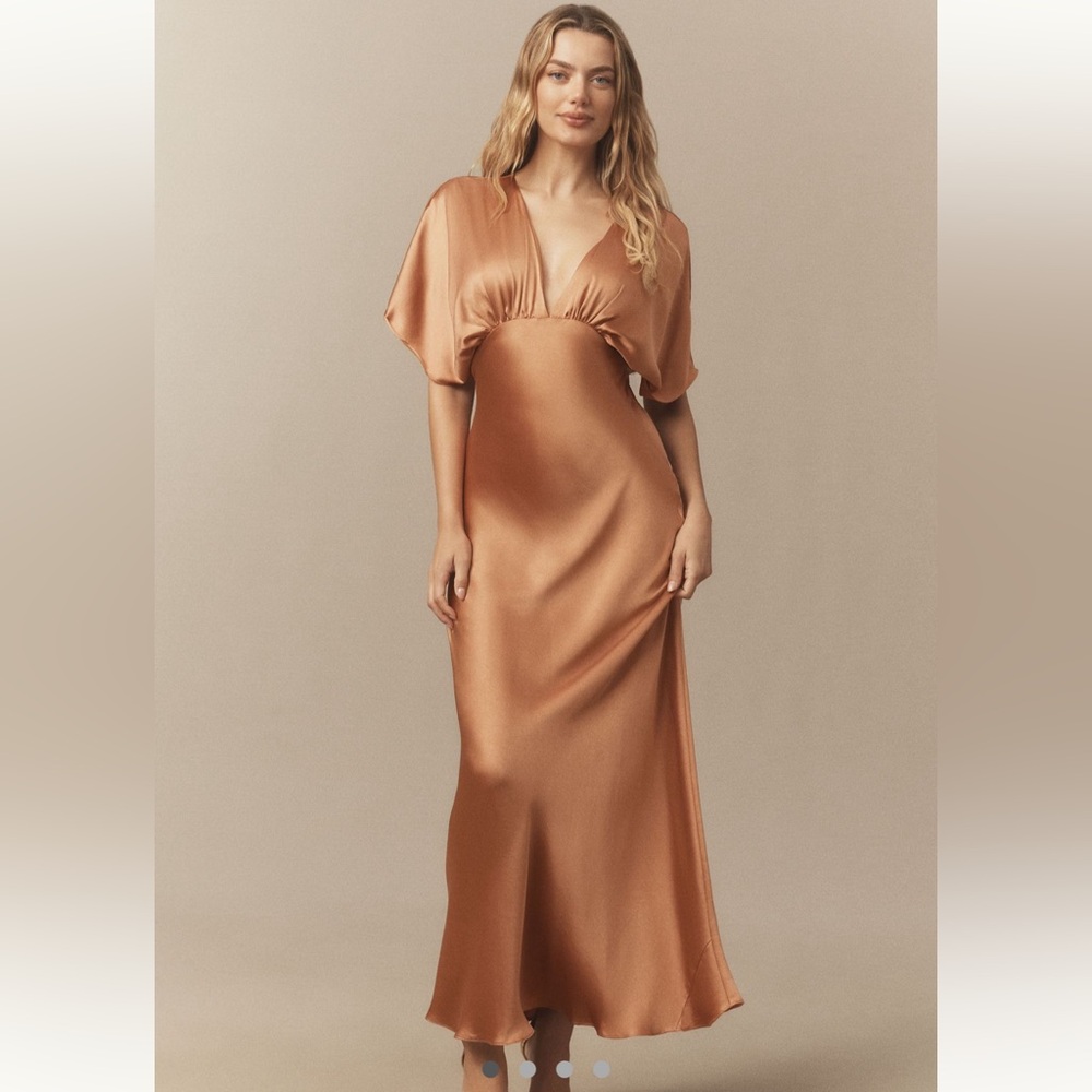 BHLDN Leila Deep-V‎ Flutter-Sleeve Satin A-Line Gown Sz 2
